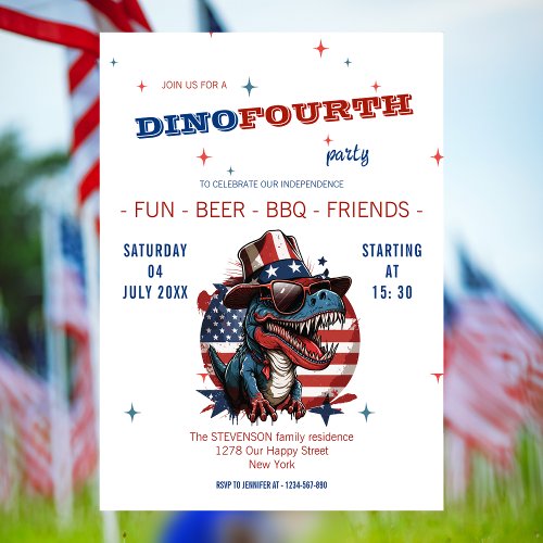 4TH of July happy Dinosaur with hat and glasses Invitation