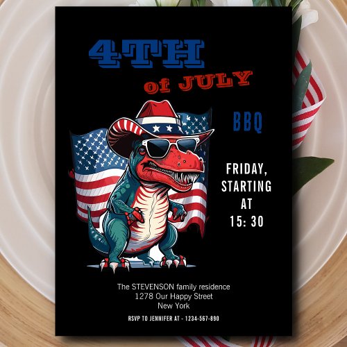 4TH of July happy Dinosaur with the US flag Invitation