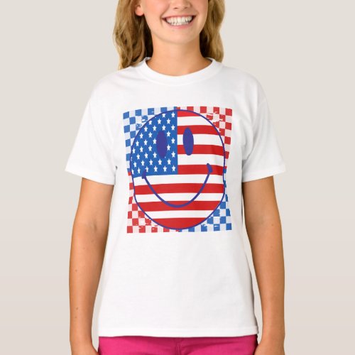 4th of July Happy Face usa Checkered Red  Blue T_Shirt
