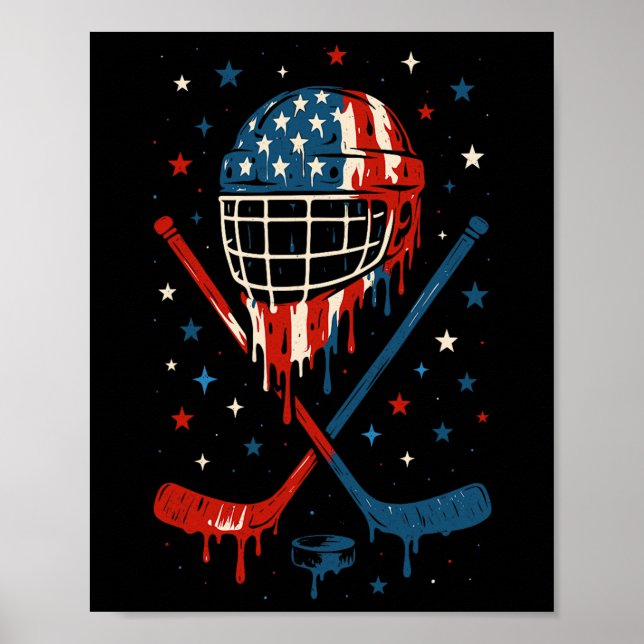 4th Of July Hockey Ice Cream Drip Helmet Sticks Us Poster (Front)