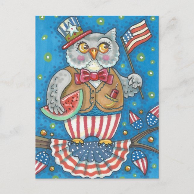 4TH OF JULY HOOT OWL, BIRD, HOLIDAY POSTCARD (Front)