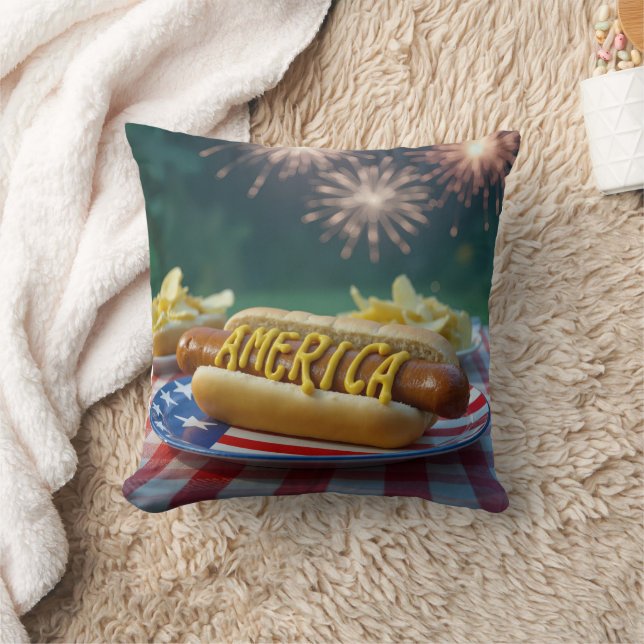 4th of July Hot Dog and Fireworks Throw Pillow (Blanket)