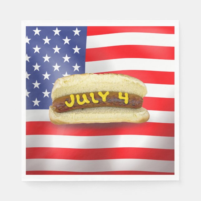 4th Of July Hot Dog On American Flag Napkins (Front)