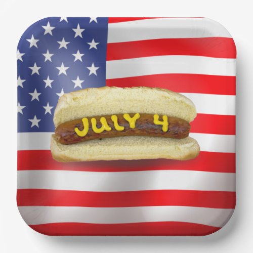 4th Of July Hot Dog On American Flag Paper Plates