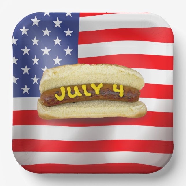 4th Of July Hot Dog On American Flag Paper Plates (Front)