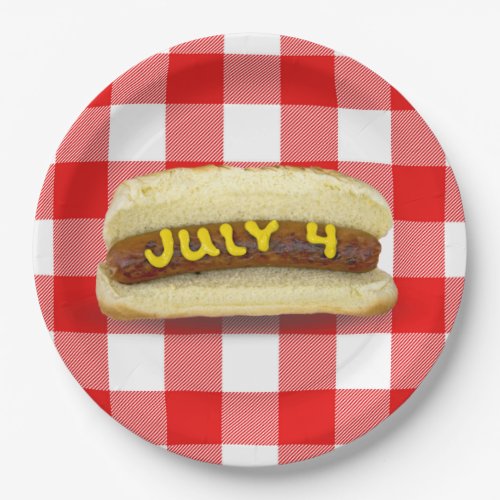 4th Of July Hot Dog on Buffalo Plaid Paper Plates