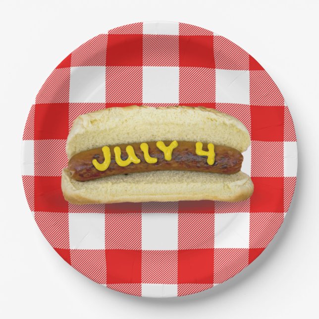 4th Of July Hot Dog on Buffalo Plaid Paper Plates (Front)