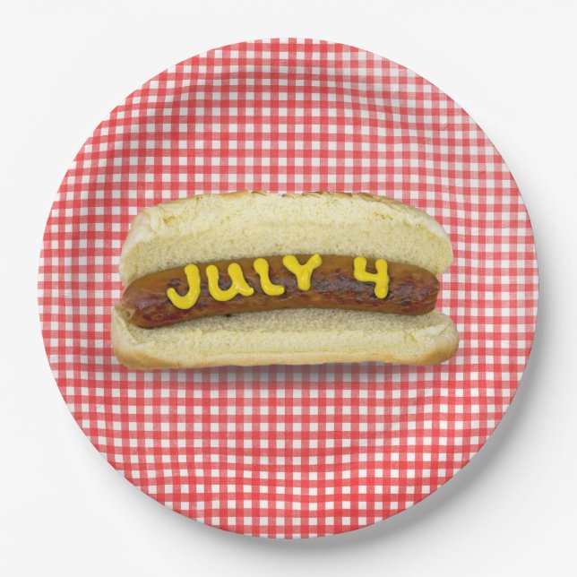 4th Of July Hot Dog on Gingham Paper Plates (Front)