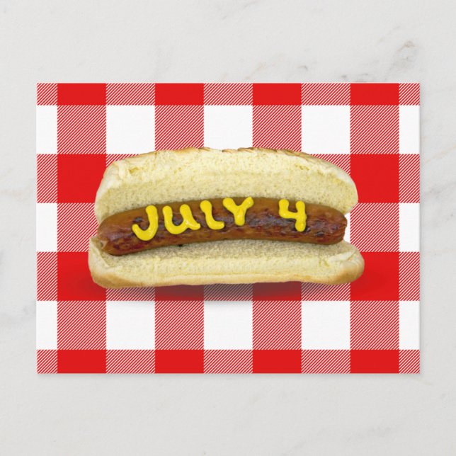 4th Of July Hot Dog on Plaid Postcard (Front)