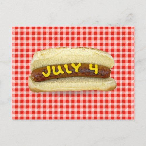 4th Of July Hot Dog on Red Gingham  Postcard