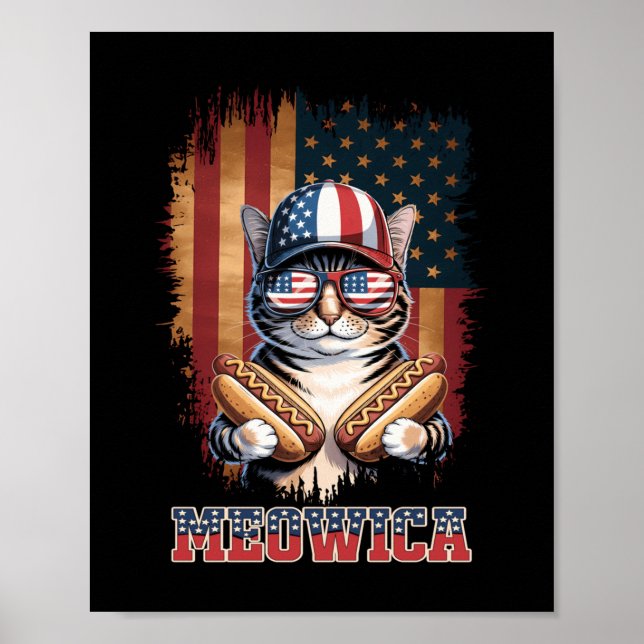 4th Of July Hotdog Cat Funny Patriotic Cat Usa Fla Poster (Front)