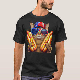 4th of July Hotdog Cat Funny Patriotic Cat USA Fla T-Shirt