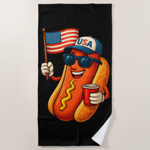 4th of July Hotdog Funny Patriotic USA Flag Beach Towel