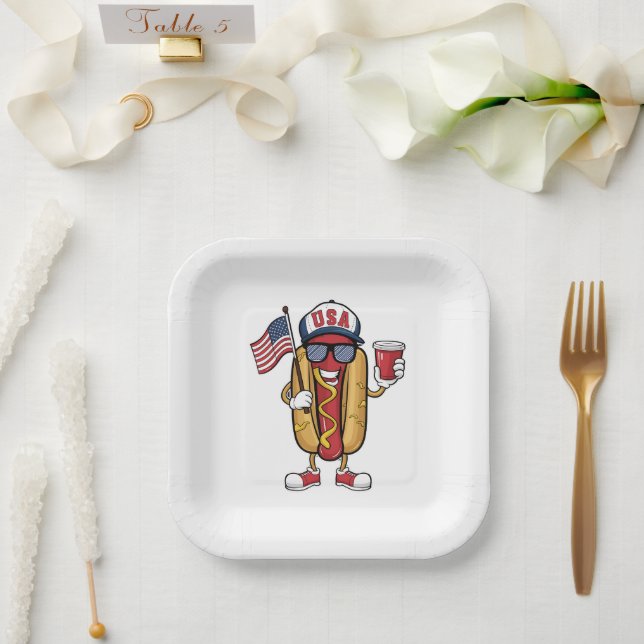 4th of July Hotdog Funny Patriotic USA Flag Paper Plates (Wedding)