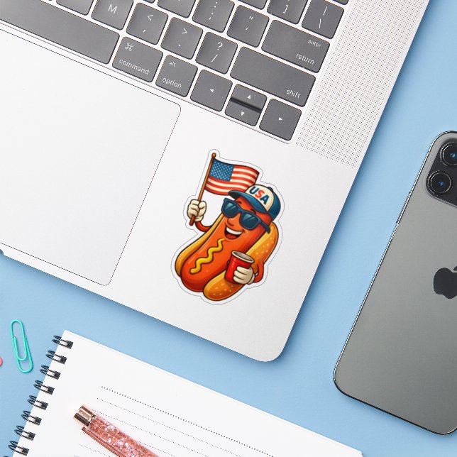 4th of July Hotdog Funny Patriotic USA Flag Sticker (Laptop w/ iPhone)