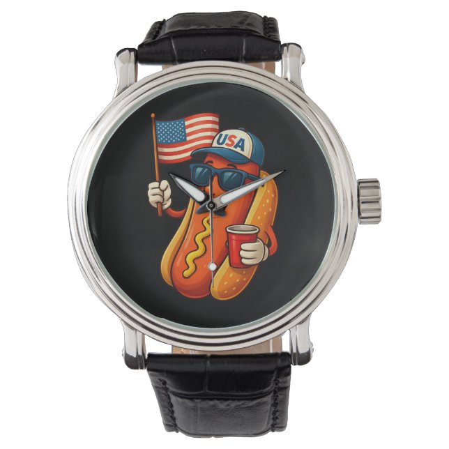 4th of July Hotdog Funny Patriotic USA Flag Watch (Front)