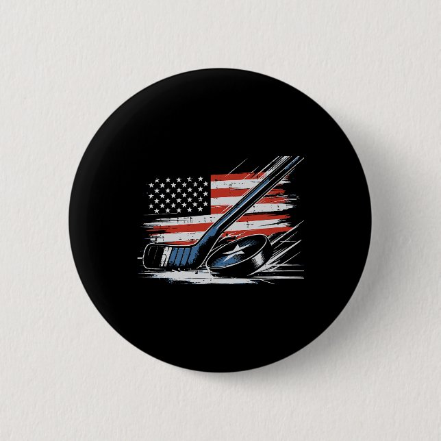4th Of July Ice Hockey Stick Puck Us Flag Men Boys Button (Front)