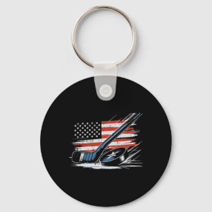 4th Of July Ice Hockey Stick Puck Us Flag Men Boys Keychain