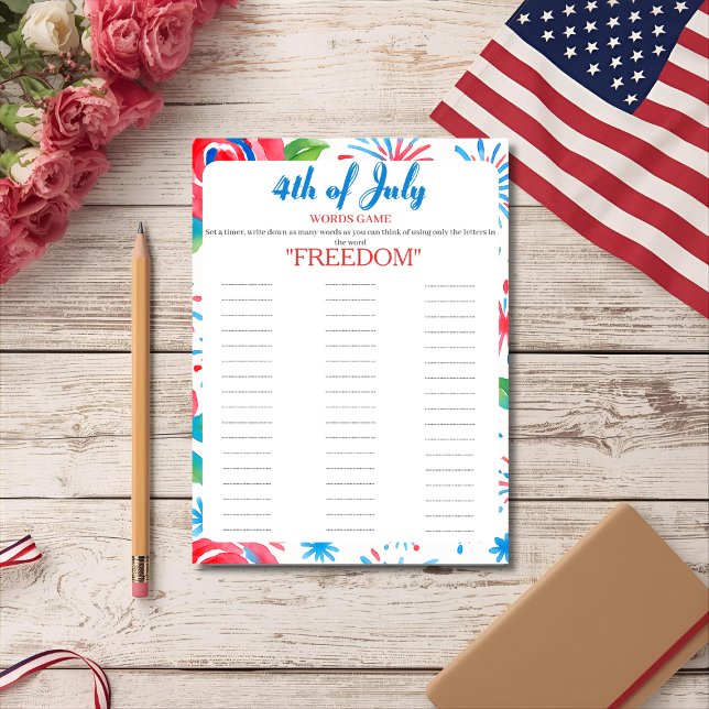4th of July Indepence day floral Words game card (4th of July Indepence day floral Words game card)