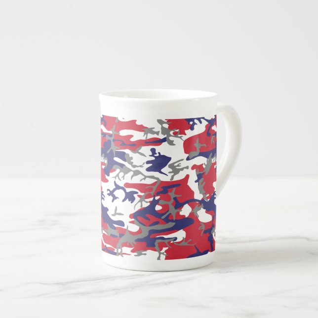 4th of July, Independence day, Camouflage Gray Bone China Mug (Front Right)