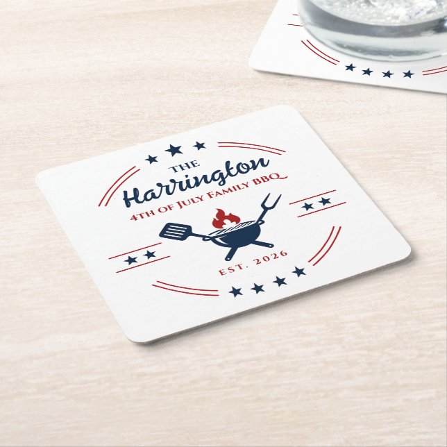 4th of July Independence Day Family BBQ Square Paper Coaster (Angled)