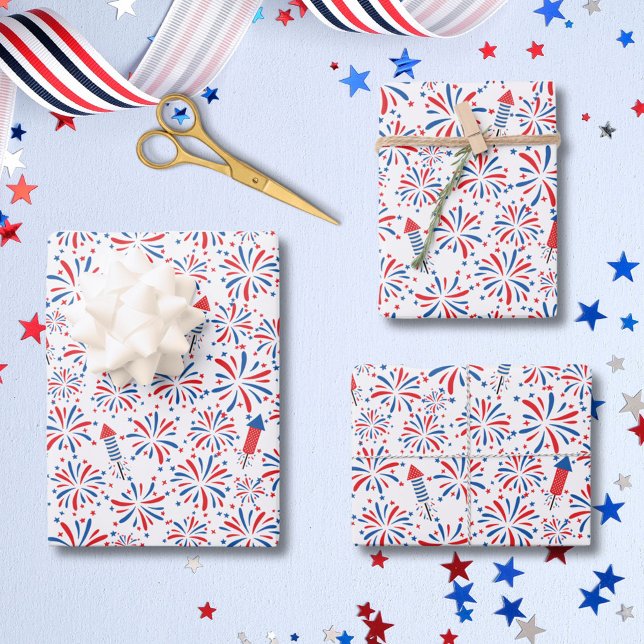 4th of July Independence Day Fireworks Pattern Wrapping Paper Sheets (In situ)