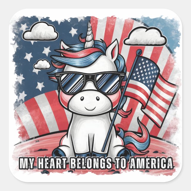 4th of July Independence Day Unicorn Square Sticker (Front)
