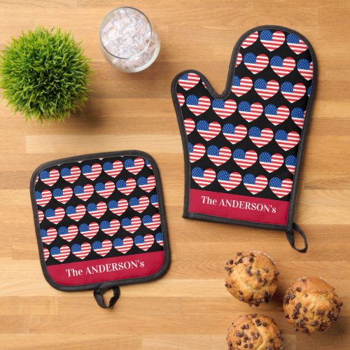 4th of July Independence Day  USA Flag Heart Oven Mitt  Pot Holder Set