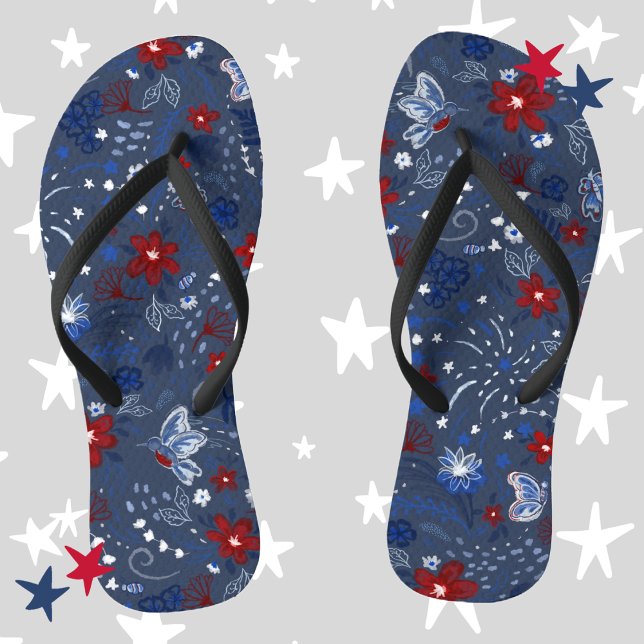 4th of July, Independence Patriotic Red White Blue Flip Flops (4th of July, Independence Day, Red White and Blue, Floral, Flowers, Hummingbirds, Butterflies, Bees)