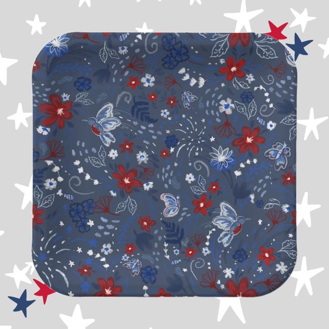 4th of July, Independence Patriotic Red White Blue Paper Plates (4th of July, Independence Day, Red White and Blue, Floral, Flowers, Hummingbirds, Butterflies, Bees)