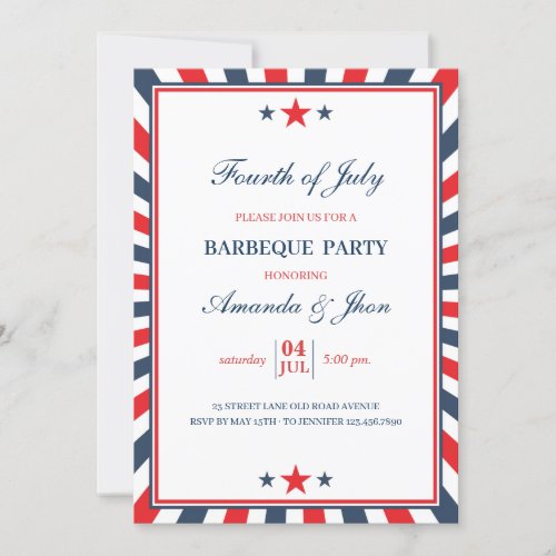 4th of July Invitation Red Blue White Stripes BBQ Invitation