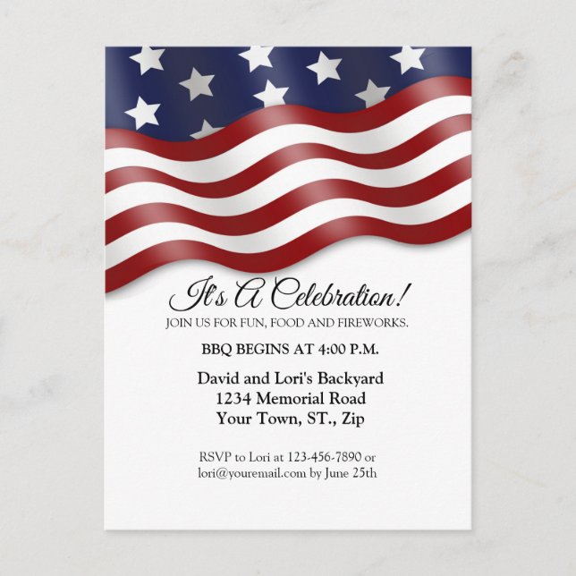 4th of July Invitation Red White Blue Flag Waving Postcard (Front)