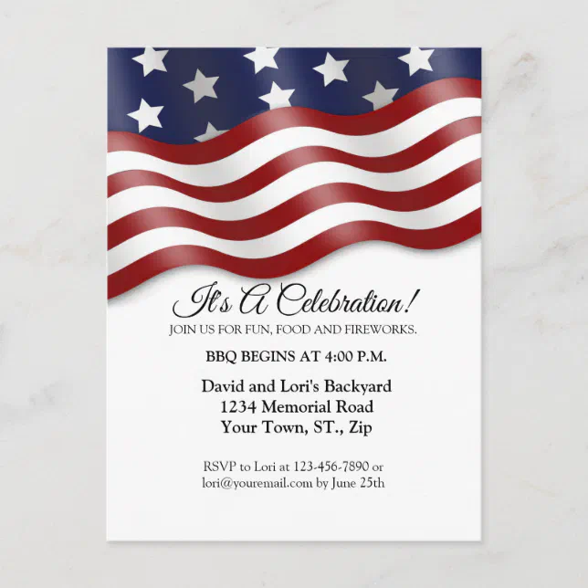 4th of July Invitation Red White Blue Flag Waving Postcard | Zazzle