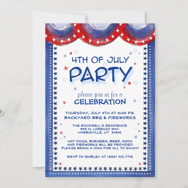 4th of July Invitation Red White Blue Star Border (Front)