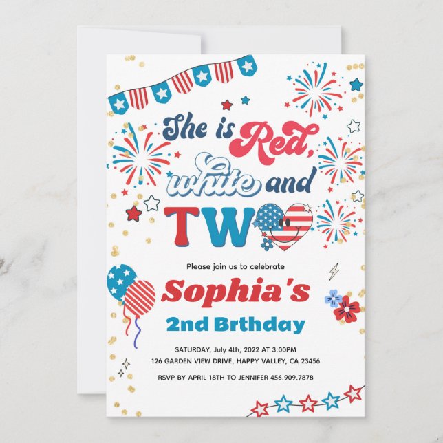 4th of July Kid Girl 2nd Birthday Party Smile Face Invitation (Front)