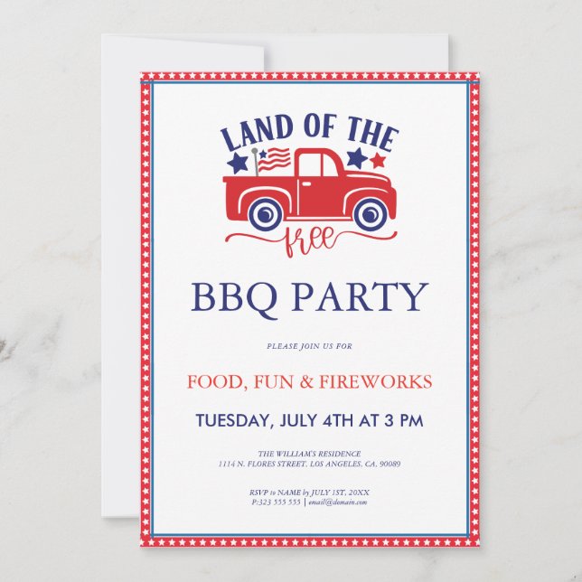 4th of July Land Of Free BQ Party Invite (Front)