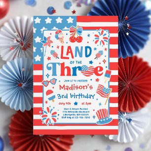 4th Of July Land Of The Three 3rd Birthday Party Invitation