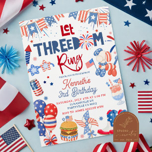 4th of July Let the Threedom Ring  Birthday Invitation