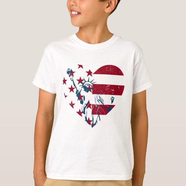 4th of July Liberty Statue Heart US Flag T-Shirt (Front)