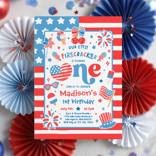 4th Of July Little Firecracker 1st Birthday Party Invitation