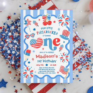 4th Of July Little Firecracker 1st Birthday Party Invitation