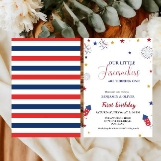 4th of July Little Firecracker 1st Twin Birthday Invitation