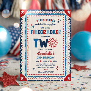 4th Of July Little Firecracker 2nd Birthday Party Invitation