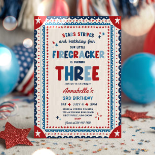 4th Of July Little Firecracker 3rd Birthday Party Invitation