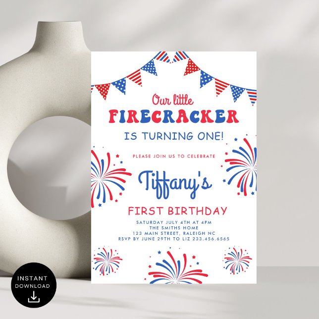  4th of July Little Firecracker First Birthday Invitation (Creator Uploaded)