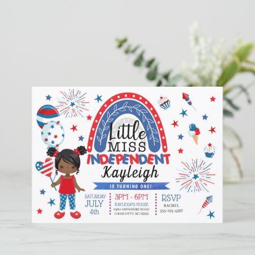 4th of July Little Miss Independent Birthday  Invitation