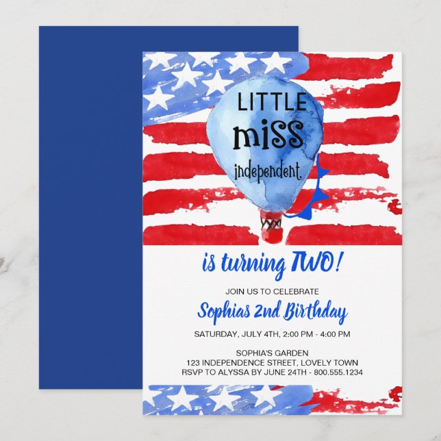 4th of July Little Miss Independent Birthday Invitation (Front/Back)