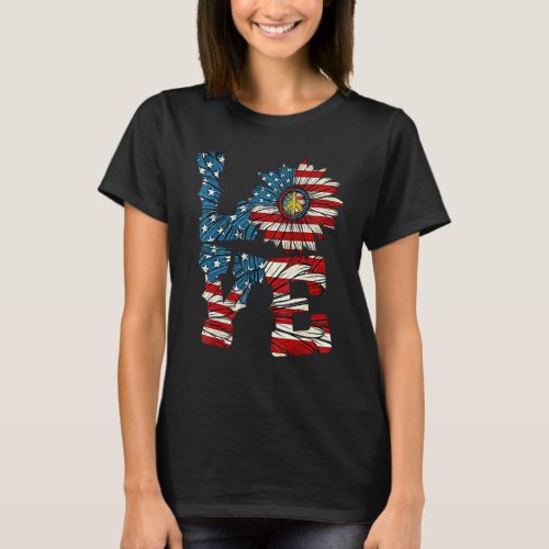 4th Of July Love Peace Sunflower Patriotic America T_Shirt
