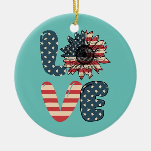 4th Of July Love Sunflower Patriotic American Ceramic Ornament