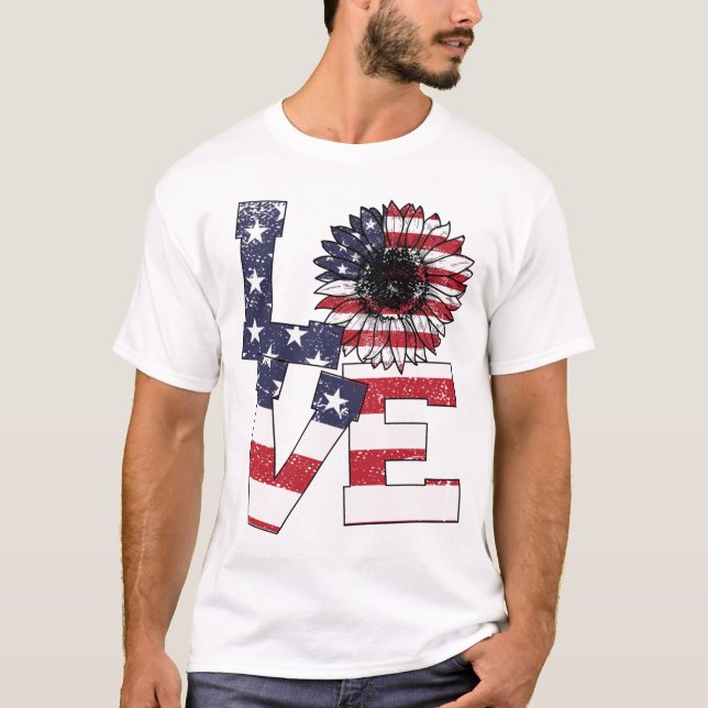 4th Of July Love Sunflower Patriotic American Flag T-Shirt (Front)